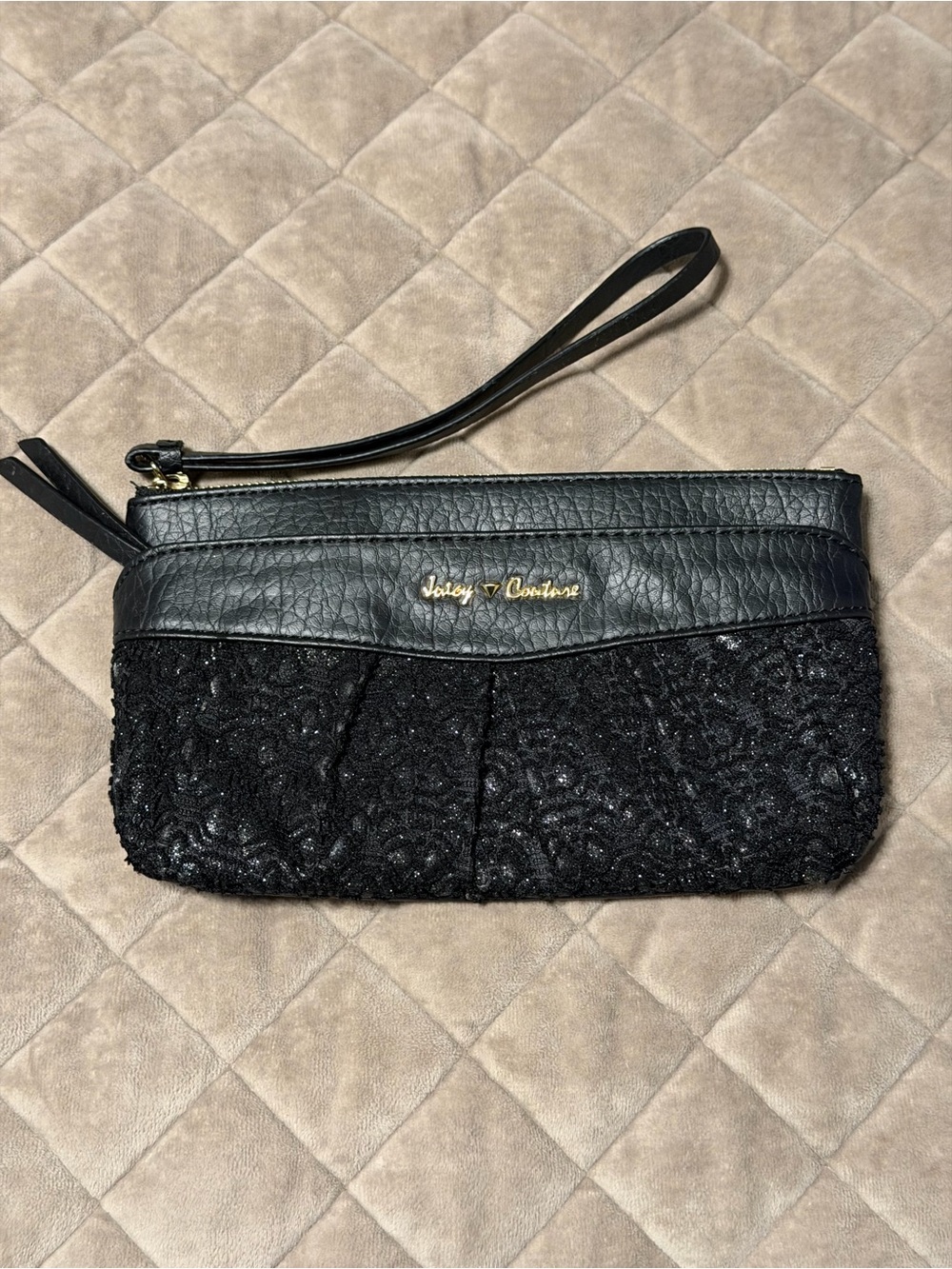 Juicy Couture Black Glitter Lace Wristlet Clutch Bag